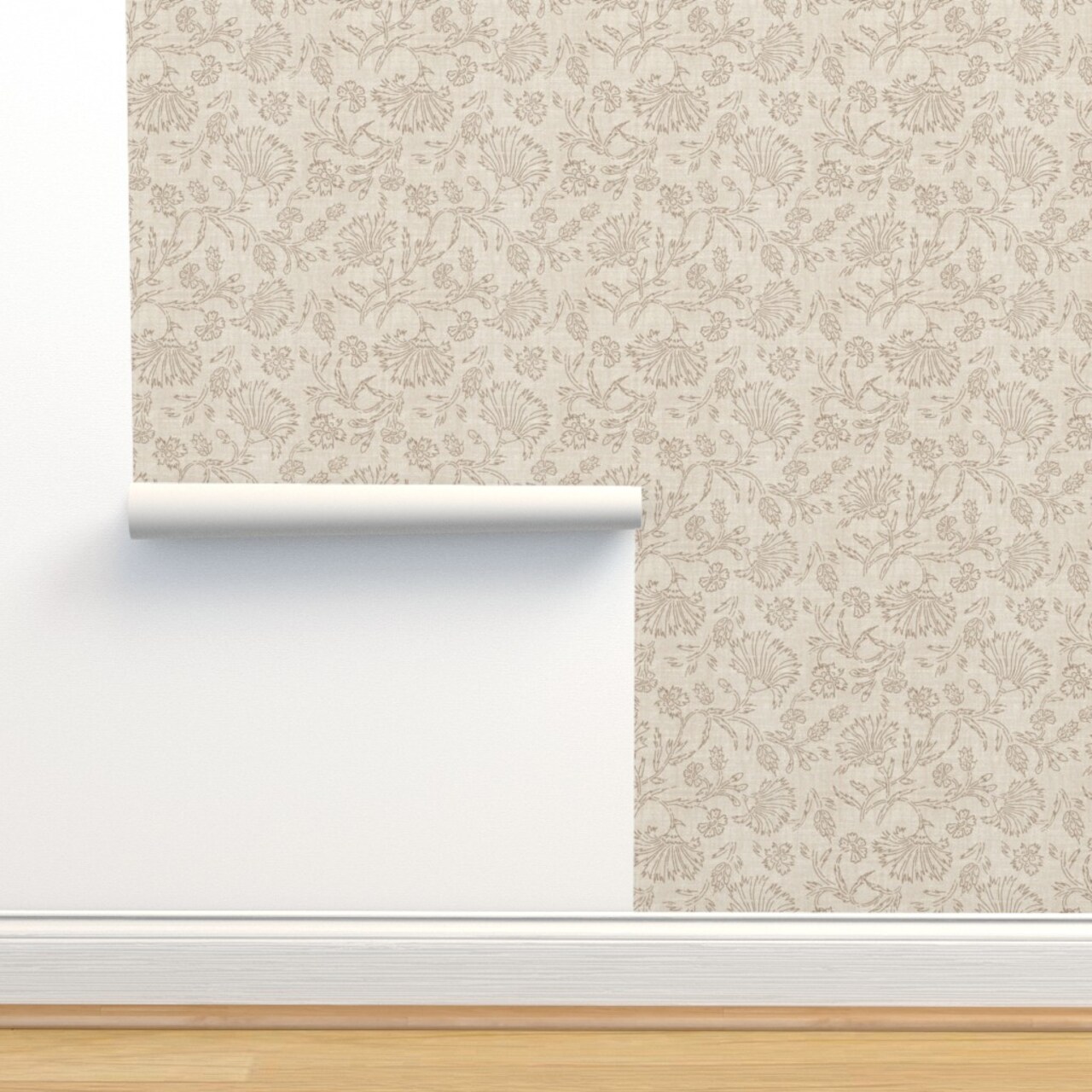 Boho Taupe Floral Bohemian Neutral Faux Woven Look Rustic Flowers India Inspired Custom Pre-pasted Wallpaper by Spoonflower Pre-Pasted Wallpaper 2FT Wide